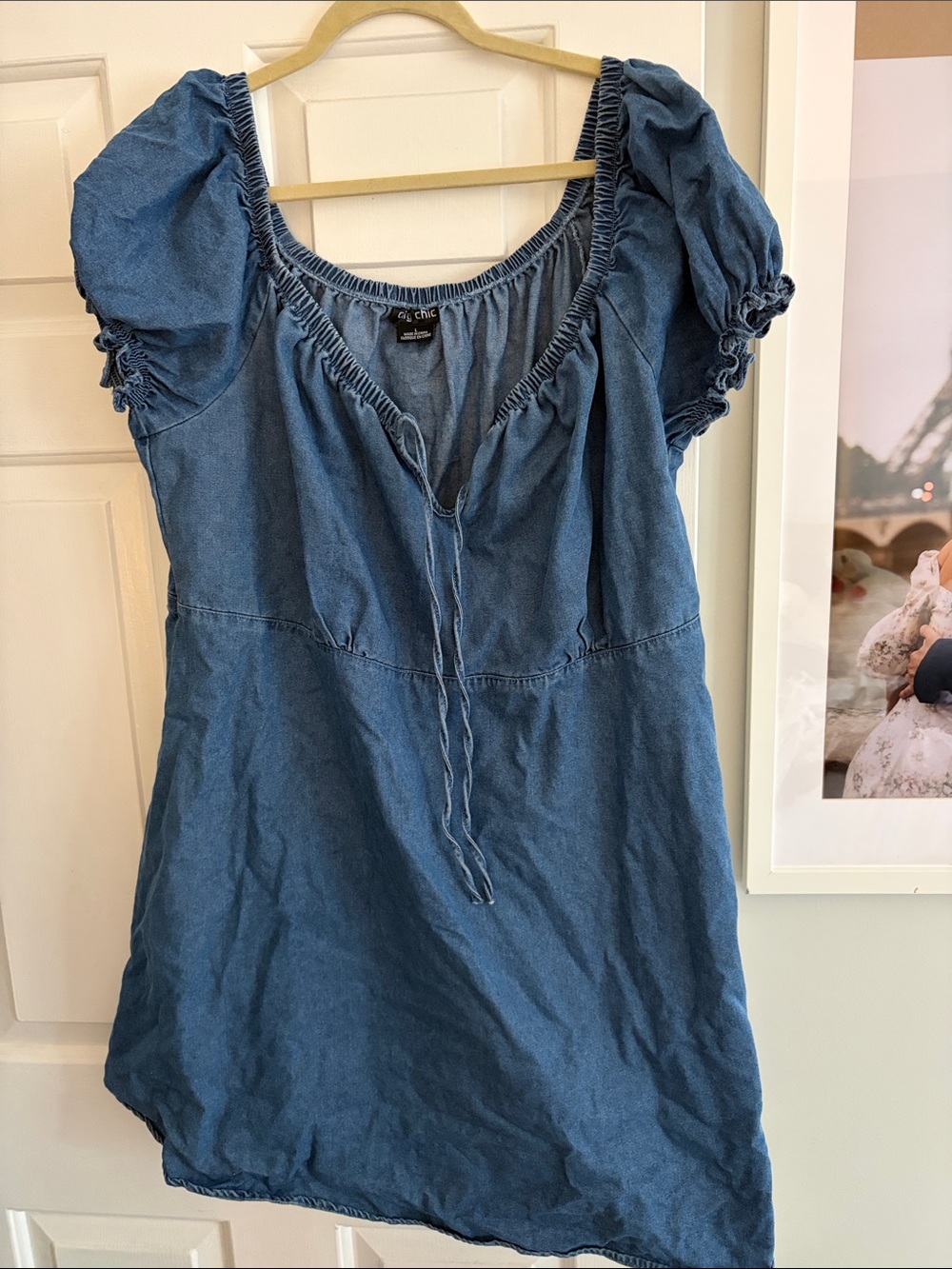 City Chic Denim Blue Puff-Sleeve Peasant Top LIKE NEW